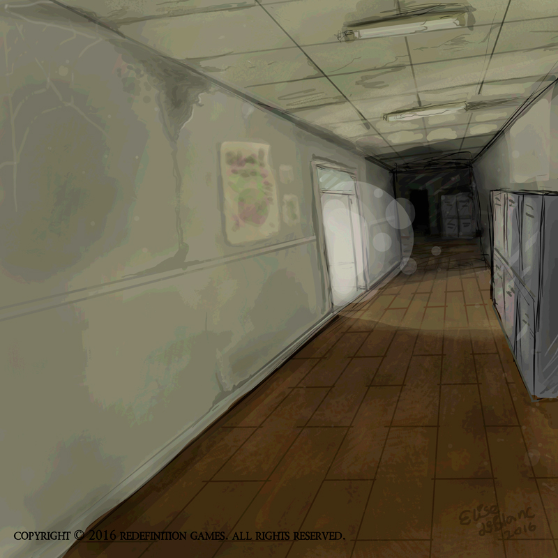 A hallway with some mysterious light coming from the doorway ahead.